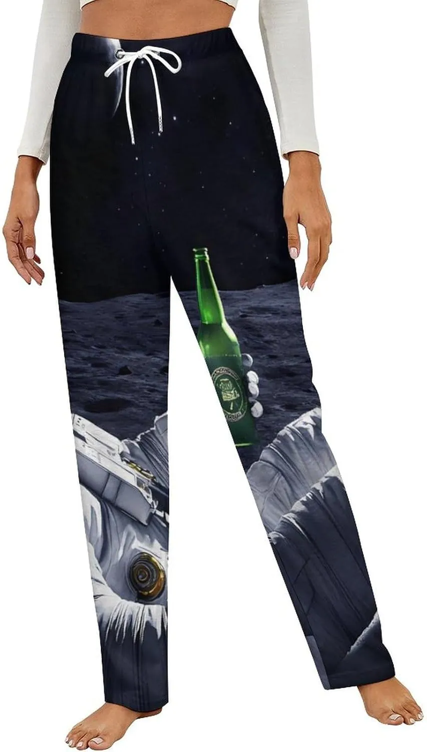 Astronaut Drinking Beer on Moon Women's Pajama Pants Fleece Warm Pj Bottoms Sleepwear Lounge Pants Loungewear