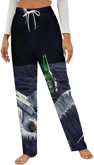 Astronaut Drinking Beer on Moon Women's Pajama Pants Fleece Warm Pj Bottoms Sleepwear Lounge Pants Loungewear