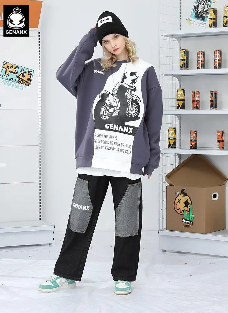 Asymmetric Color Block Car Print Sweatshirt
