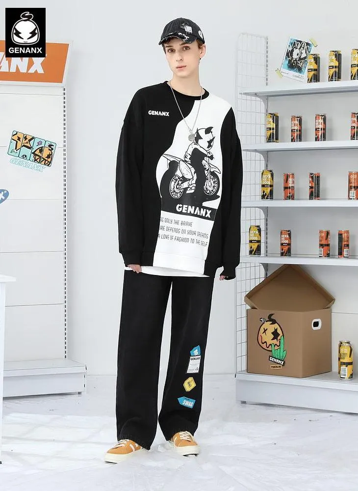 Asymmetric Color Block Car Print Sweatshirt