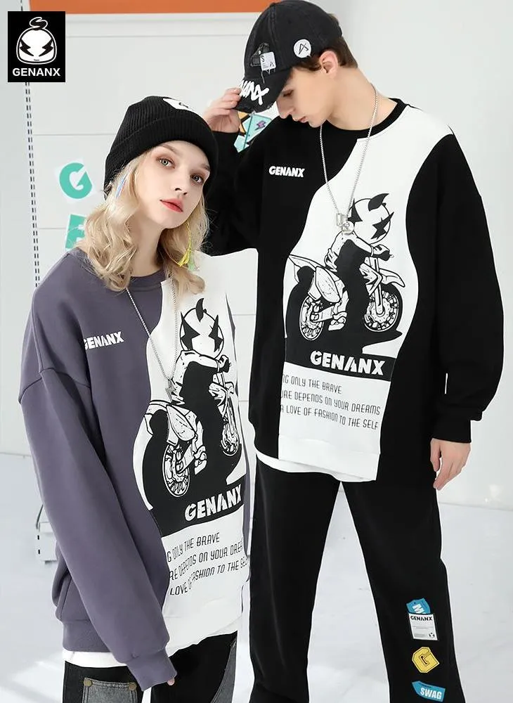 Asymmetric Color Block Car Print Sweatshirt