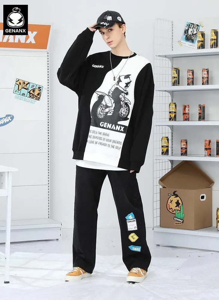 Asymmetric Color Block Car Print Sweatshirt
