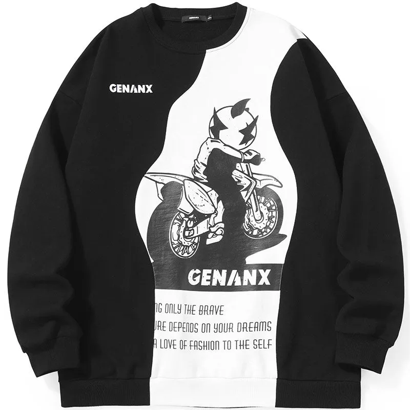 Asymmetric Color Block Car Print Sweatshirt