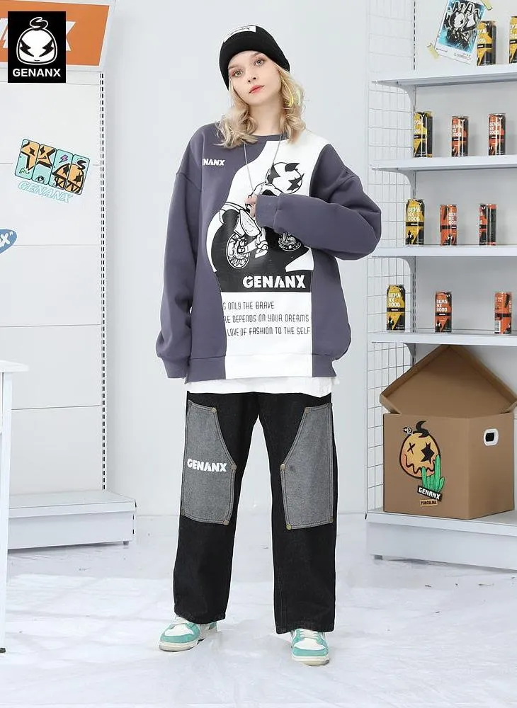 Asymmetric Color Block Car Print Sweatshirt