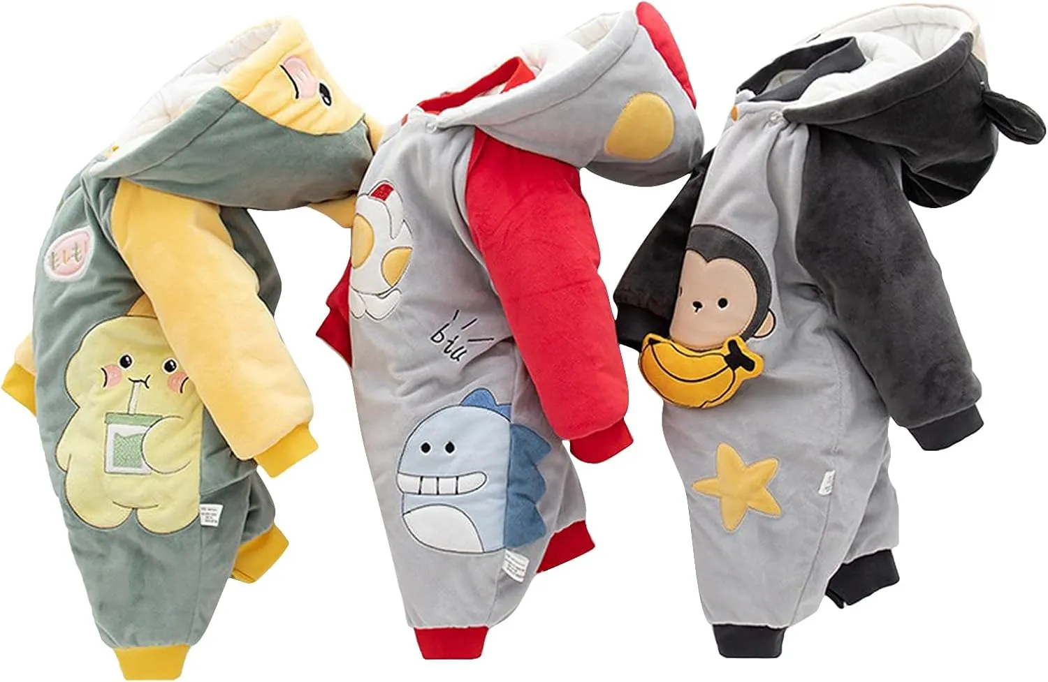 Baby Hooded Romper, Unisex Winter jumpsuit, Animal Pattern, Organic Cotton, 0-12 Months