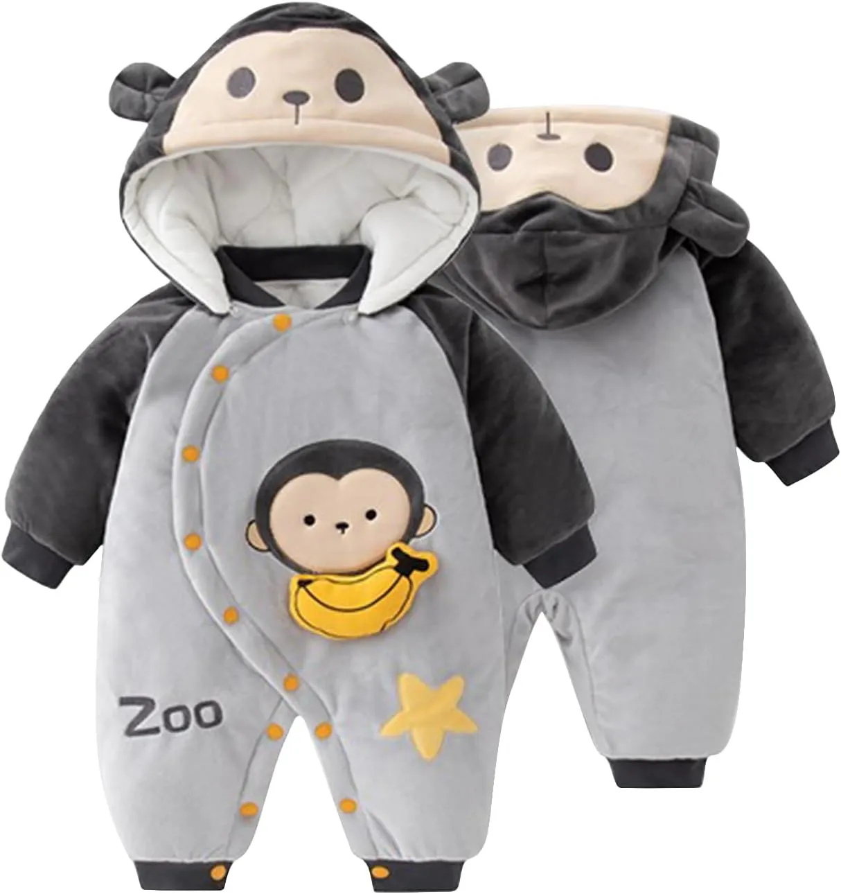 Baby Hooded Romper, Unisex Winter jumpsuit, Animal Pattern, Organic Cotton, 0-12 Months