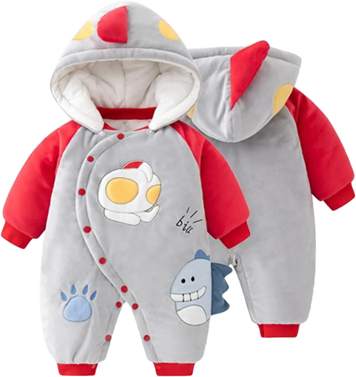Baby Hooded Romper, Unisex Winter jumpsuit, Animal Pattern, Organic Cotton, 0-12 Months