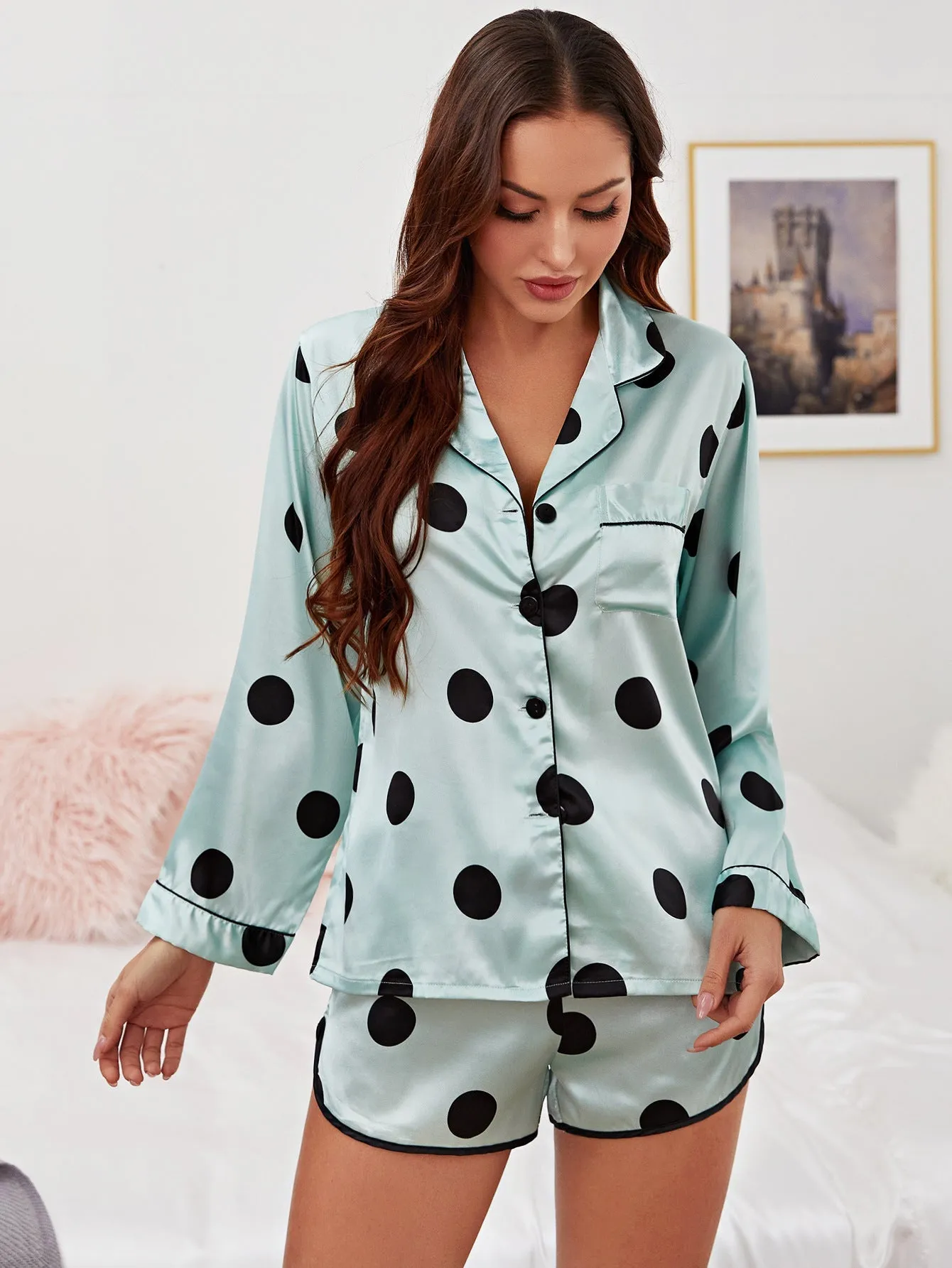 Baby Pink with Large Black Polka Dots Pajama Set