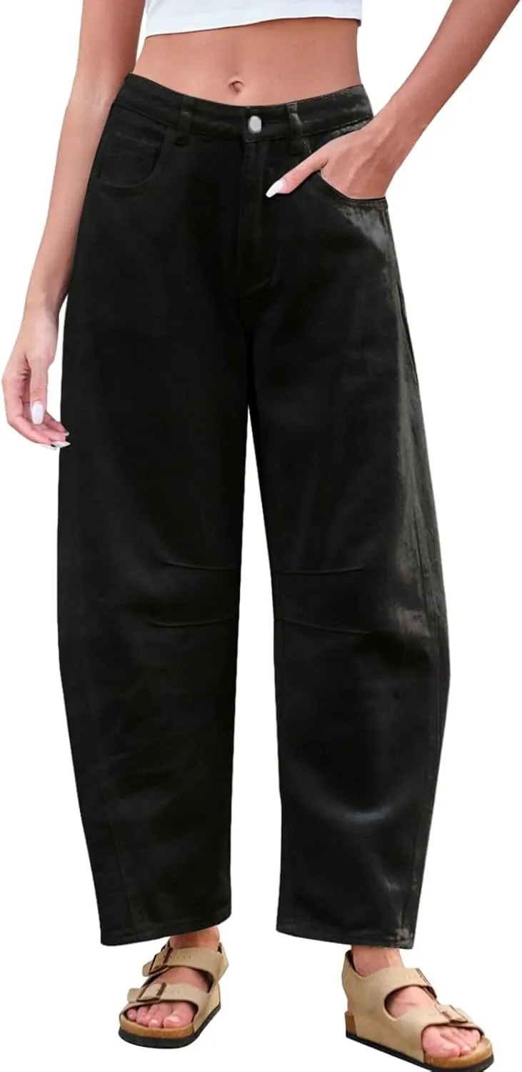 Barrel Jeans for Women Wide Leg Trendy High Waisted Denim Trouser Pockets Baggy Streetwear Relax Stretch Ankle Pants