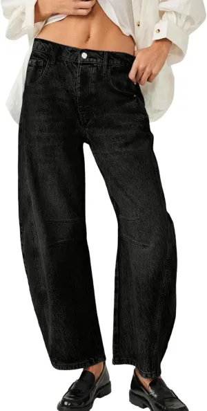 Barrel Jeans for Women Wide Leg Trendy High Waisted Denim Trouser Pockets Baggy Streetwear Relax Stretch Ankle Pants