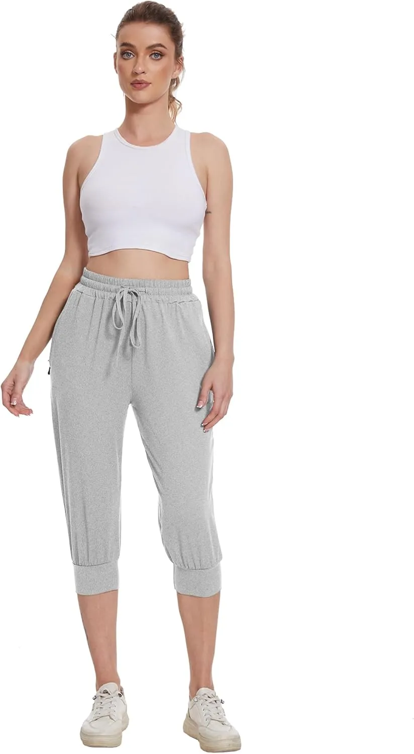 BATHRINS Womens Lightweight Sweatpants Capri Pants Summer Workout Hiking Capris Comfy Joggers with Zipper Pockets
