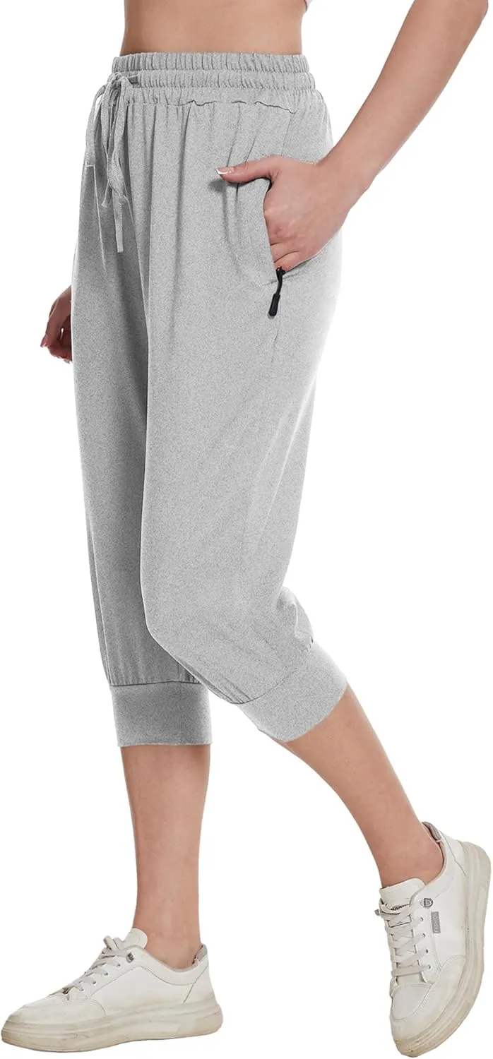 BATHRINS Womens Lightweight Sweatpants Capri Pants Summer Workout Hiking Capris Comfy Joggers with Zipper Pockets