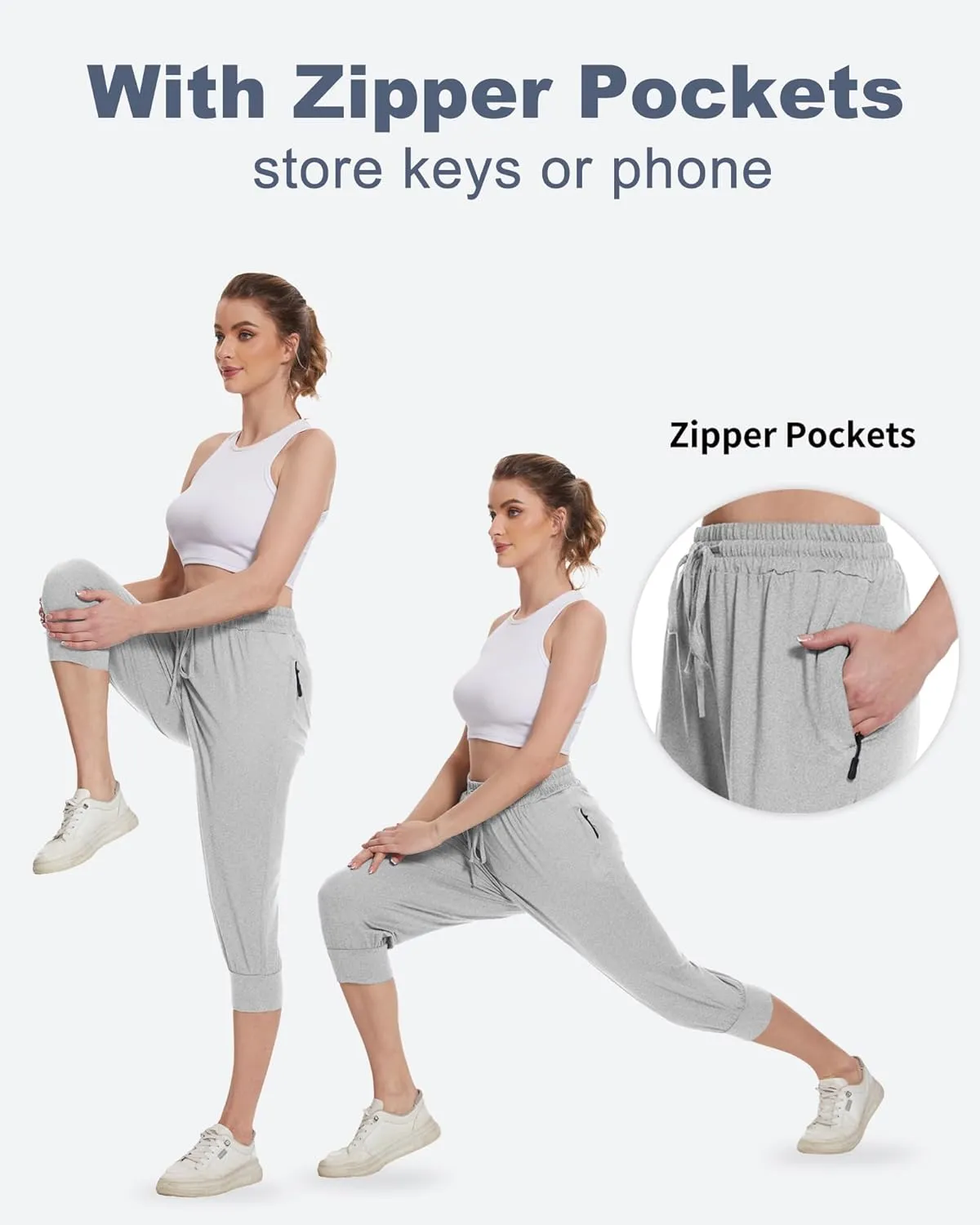 BATHRINS Womens Lightweight Sweatpants Capri Pants Summer Workout Hiking Capris Comfy Joggers with Zipper Pockets