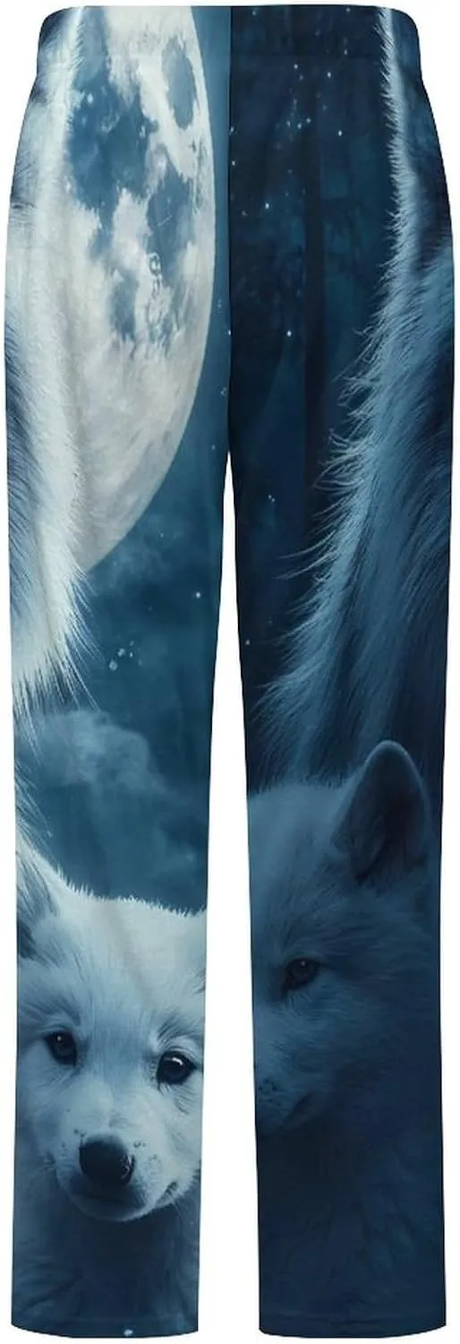 Beautiful Night Three Wolf Women's Pajama Pants Fleece Warm Pj Bottoms Sleepwear Lounge Pants Loungewear