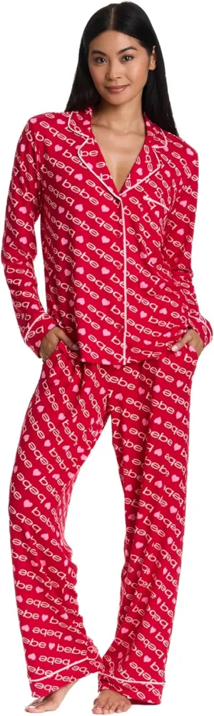 bebe Womens Pajama Sets - PJ Set for Women - Long Sleeve Button Down Shirt and Pamaja Pants Lounge Sleepwear Set