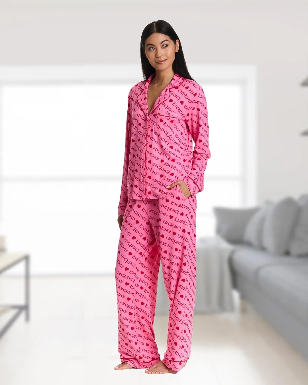 bebe Womens Pajama Sets - PJ Set for Women - Long Sleeve Button Down Shirt and Pamaja Pants Lounge Sleepwear Set
