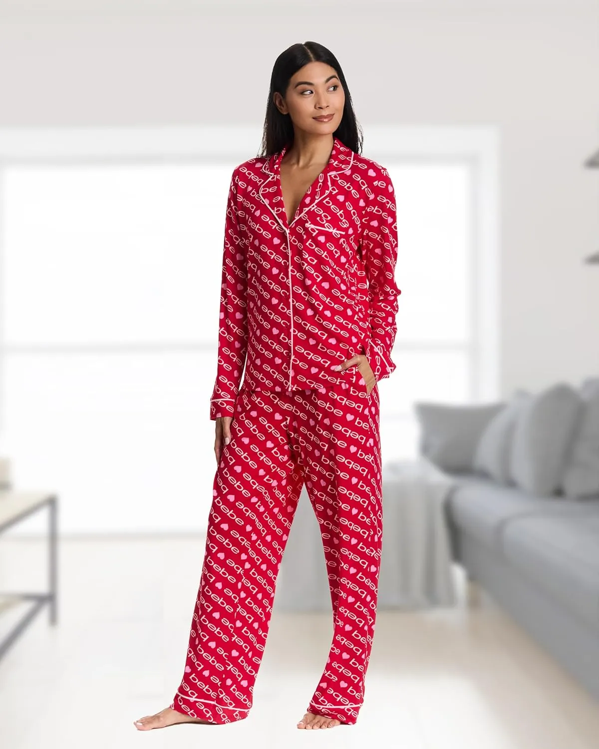 bebe Womens Pajama Sets - PJ Set for Women - Long Sleeve Button Down Shirt and Pamaja Pants Lounge Sleepwear Set