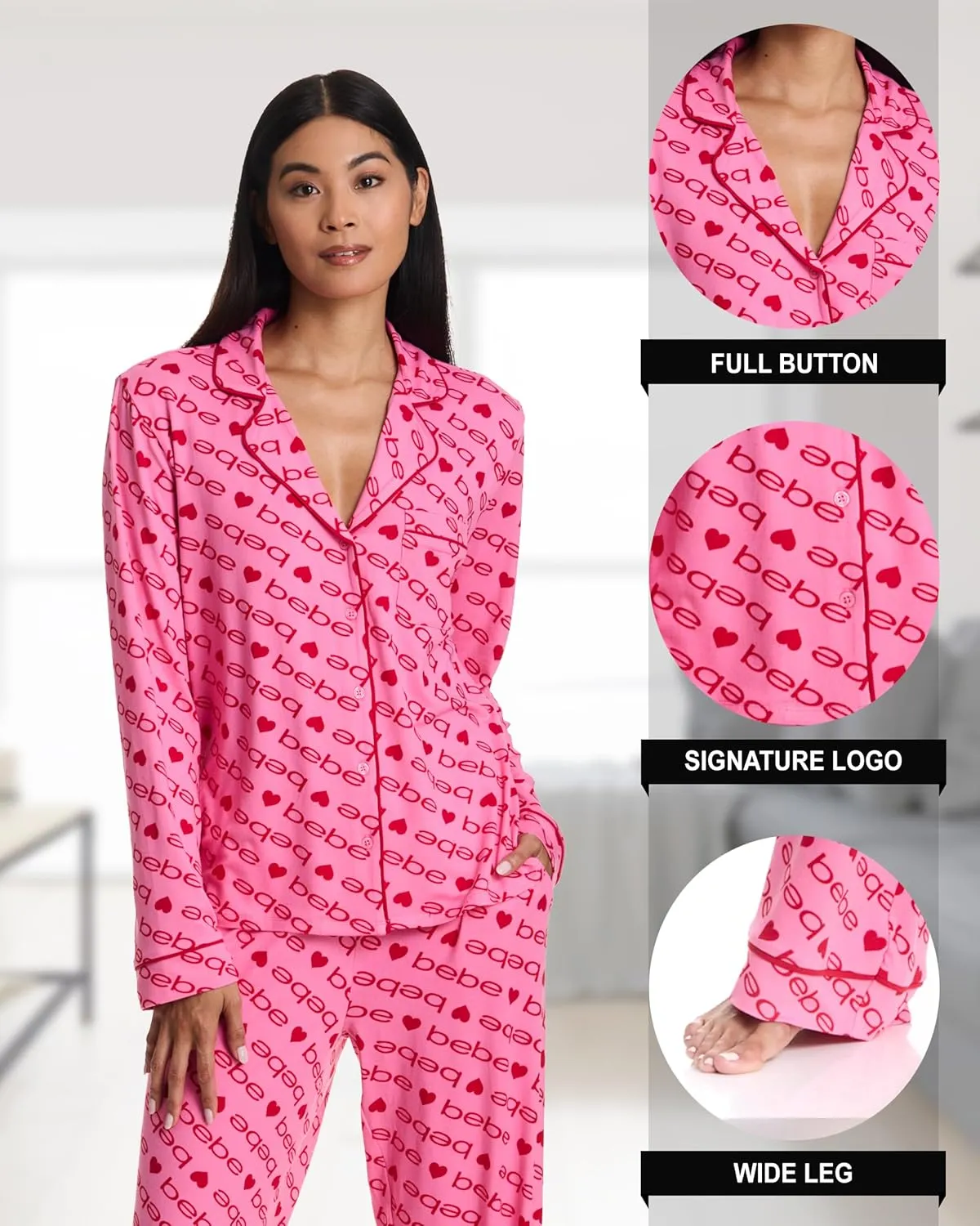 bebe Womens Pajama Sets - PJ Set for Women - Long Sleeve Button Down Shirt and Pamaja Pants Lounge Sleepwear Set