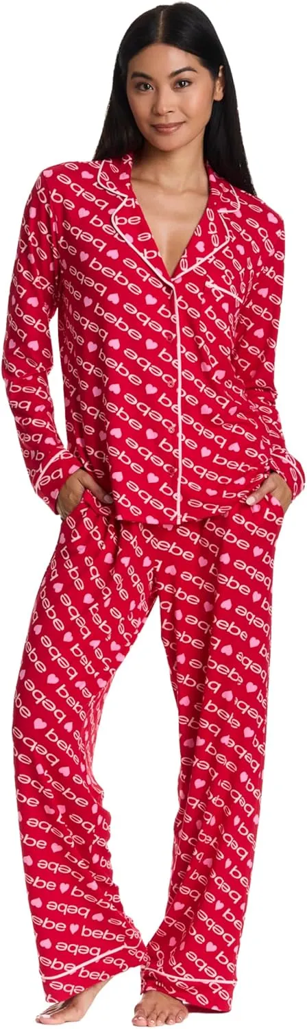 bebe Womens Pajama Sets - PJ Set for Women - Long Sleeve Button Down Shirt and Pamaja Pants Lounge Sleepwear Set