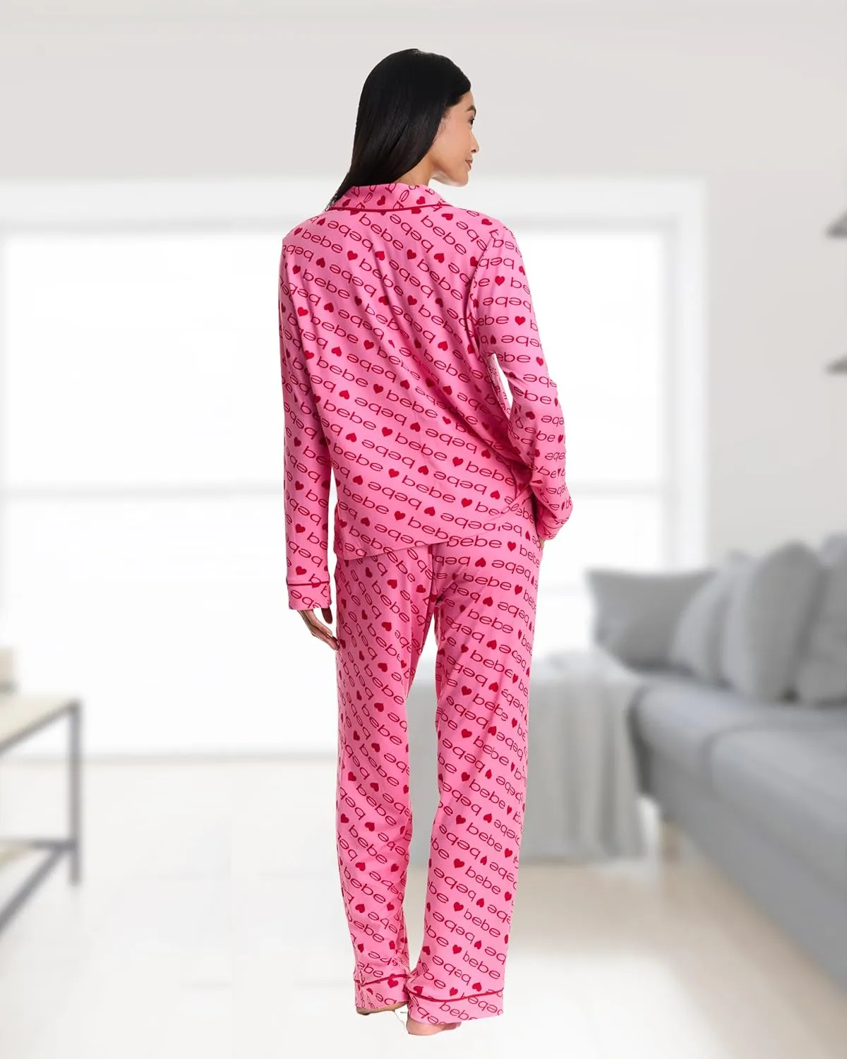 bebe Womens Pajama Sets - PJ Set for Women - Long Sleeve Button Down Shirt and Pamaja Pants Lounge Sleepwear Set
