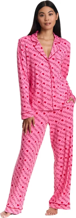 bebe Womens Pajama Sets - PJ Set for Women - Long Sleeve Button Down Shirt and Pamaja Pants Lounge Sleepwear Set