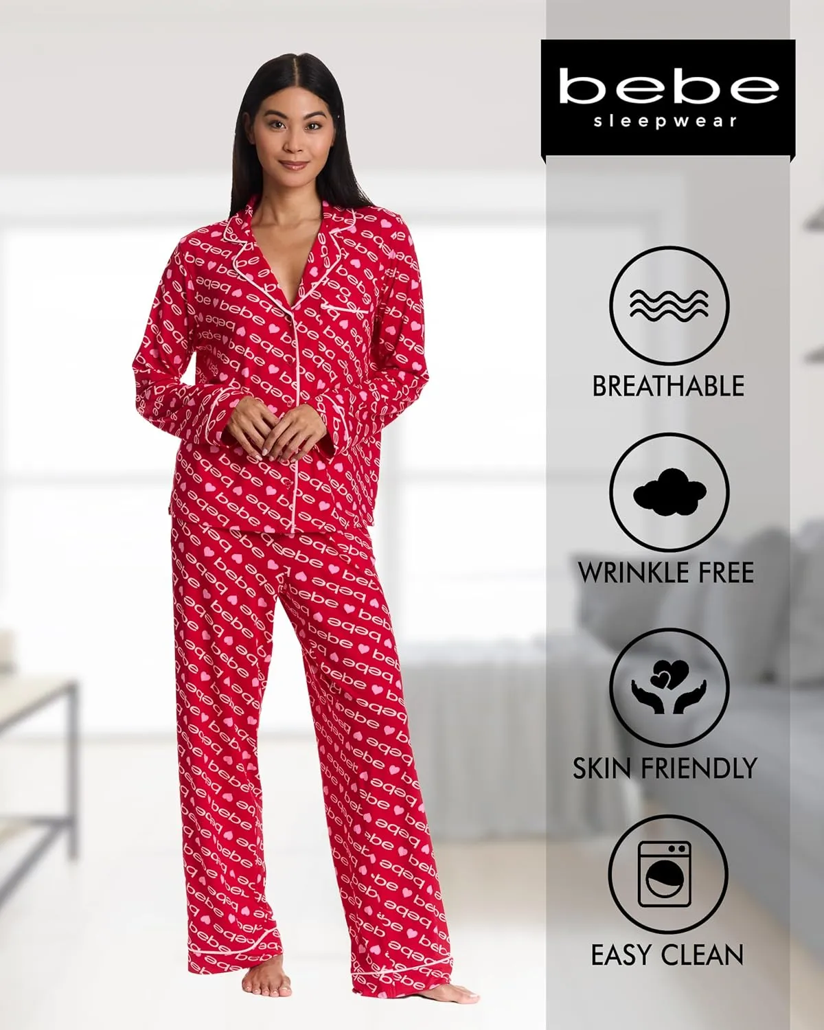 bebe Womens Pajama Sets - PJ Set for Women - Long Sleeve Button Down Shirt and Pamaja Pants Lounge Sleepwear Set