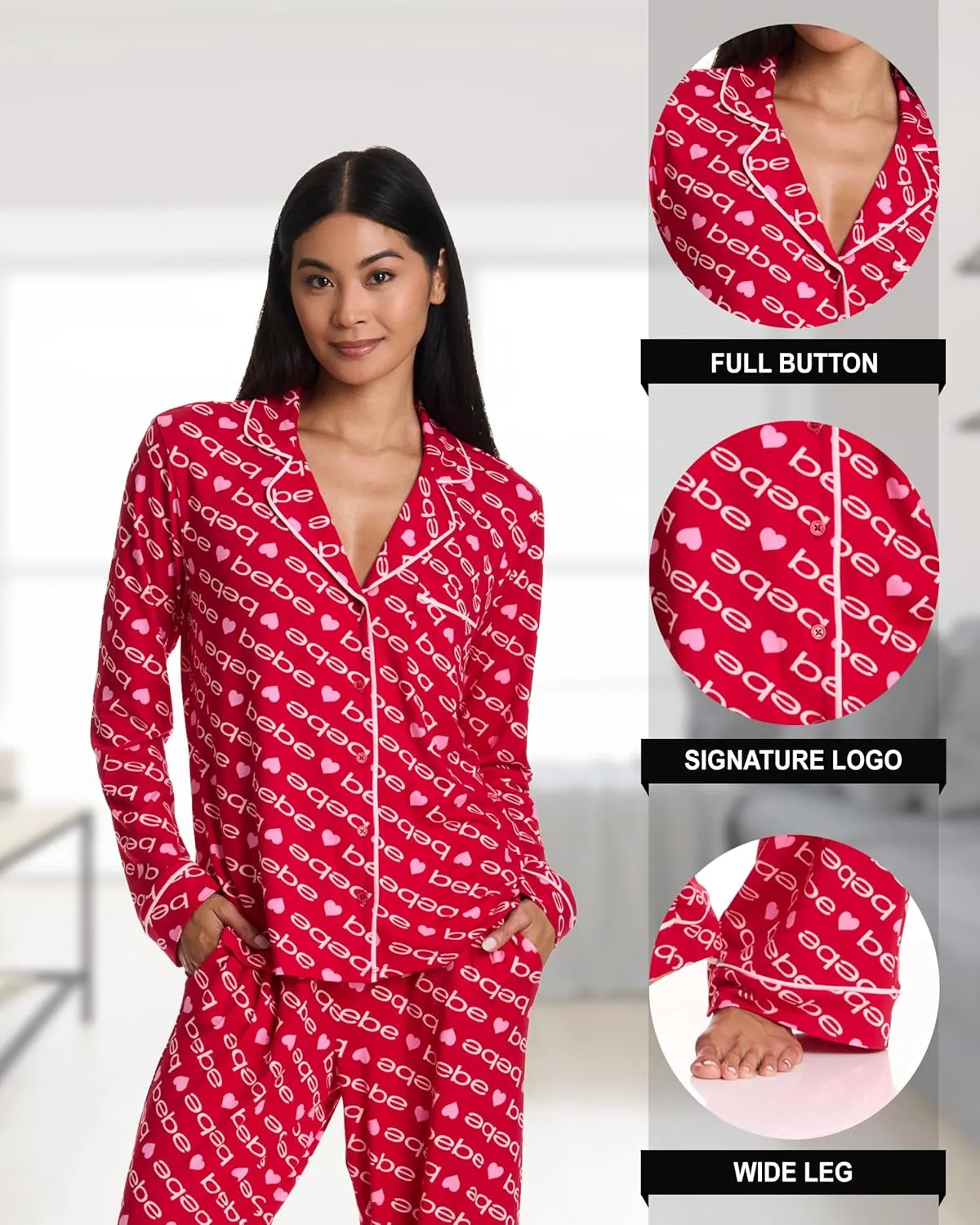 bebe Womens Pajama Sets - PJ Set for Women - Long Sleeve Button Down Shirt and Pamaja Pants Lounge Sleepwear Set