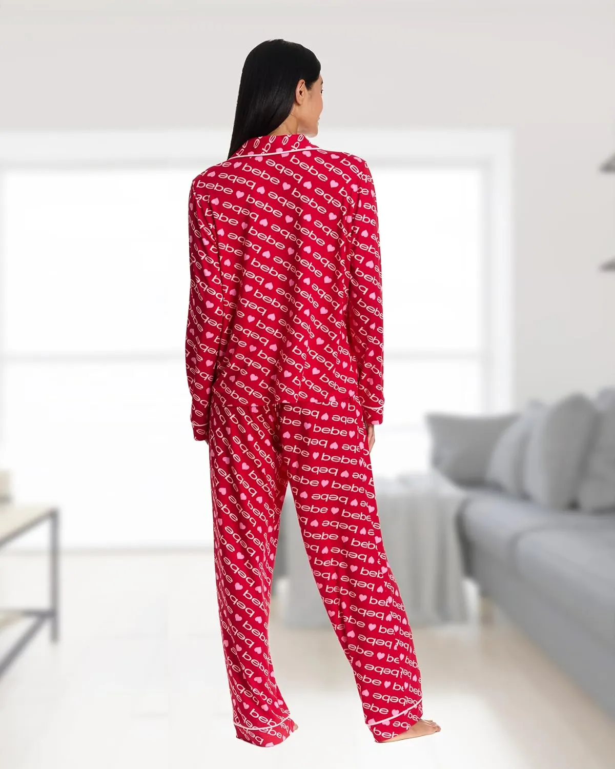 bebe Womens Pajama Sets - PJ Set for Women - Long Sleeve Button Down Shirt and Pamaja Pants Lounge Sleepwear Set