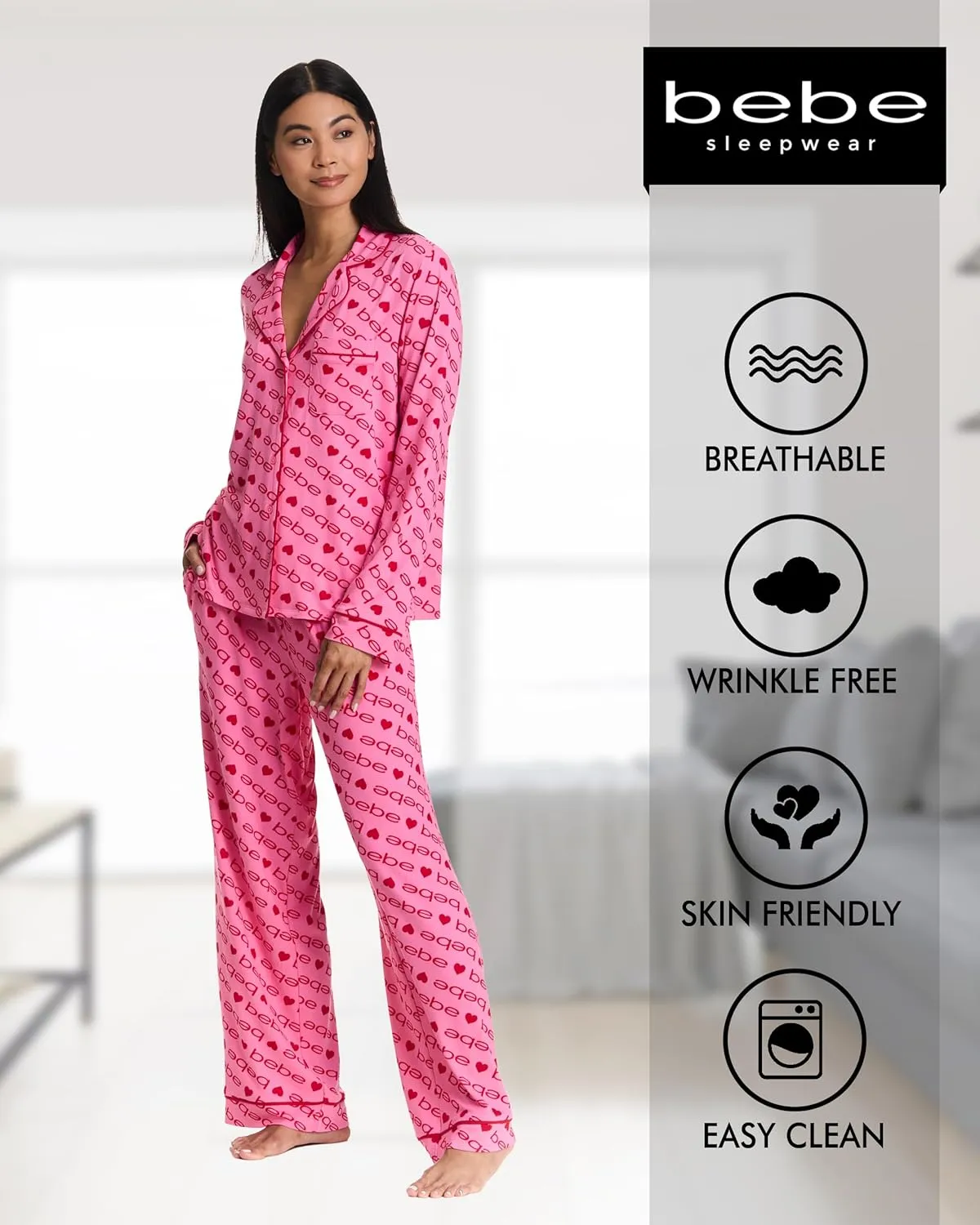 bebe Womens Pajama Sets - PJ Set for Women - Long Sleeve Button Down Shirt and Pamaja Pants Lounge Sleepwear Set