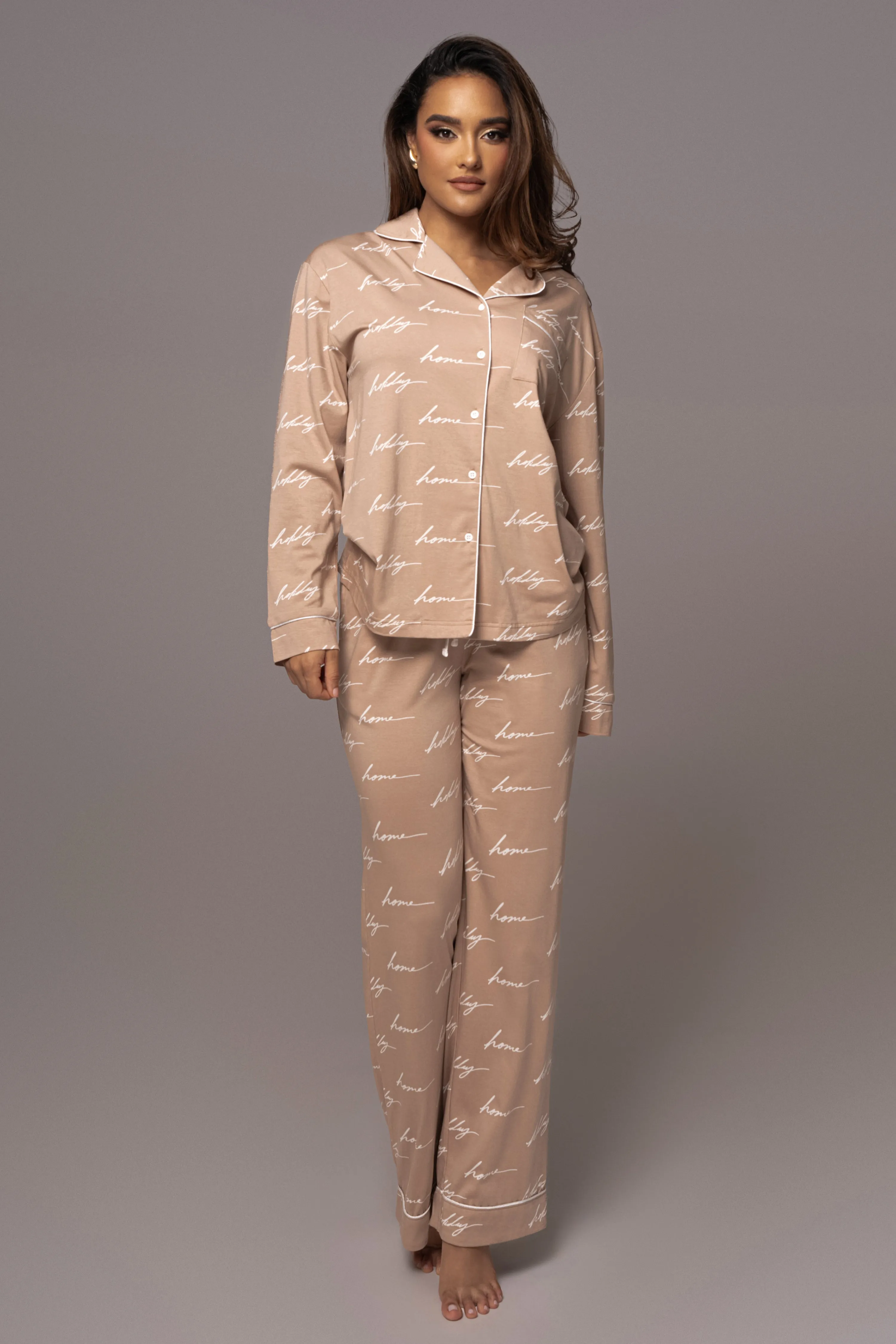 Beige Home For The Holidays Adult Pajama Set