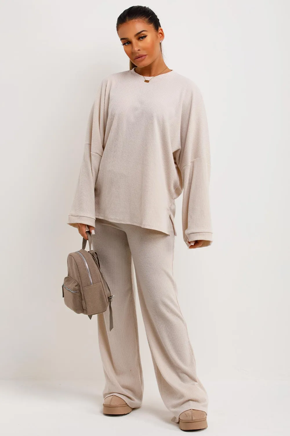 Beige Knitted Ribbed Loungewear Set Oversized