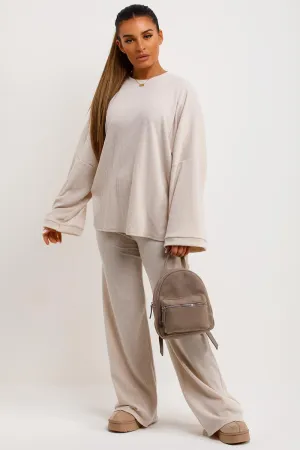 Beige Knitted Ribbed Loungewear Set Oversized