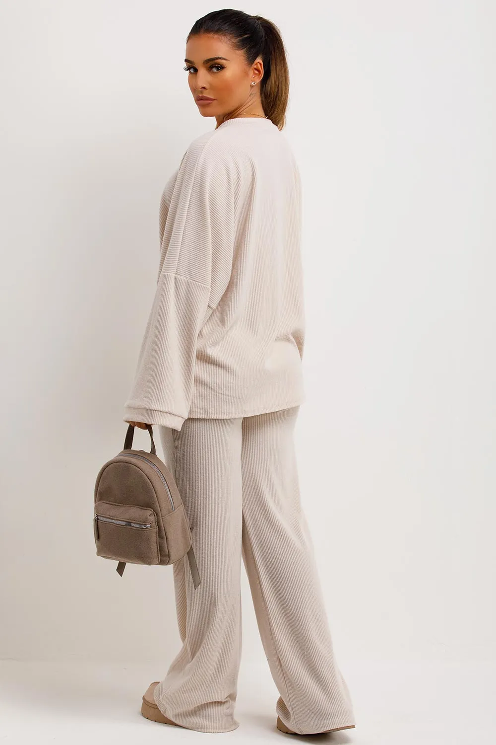 Beige Knitted Ribbed Loungewear Set Oversized