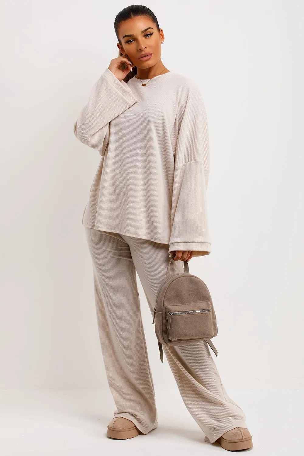 Beige Knitted Ribbed Loungewear Set Oversized