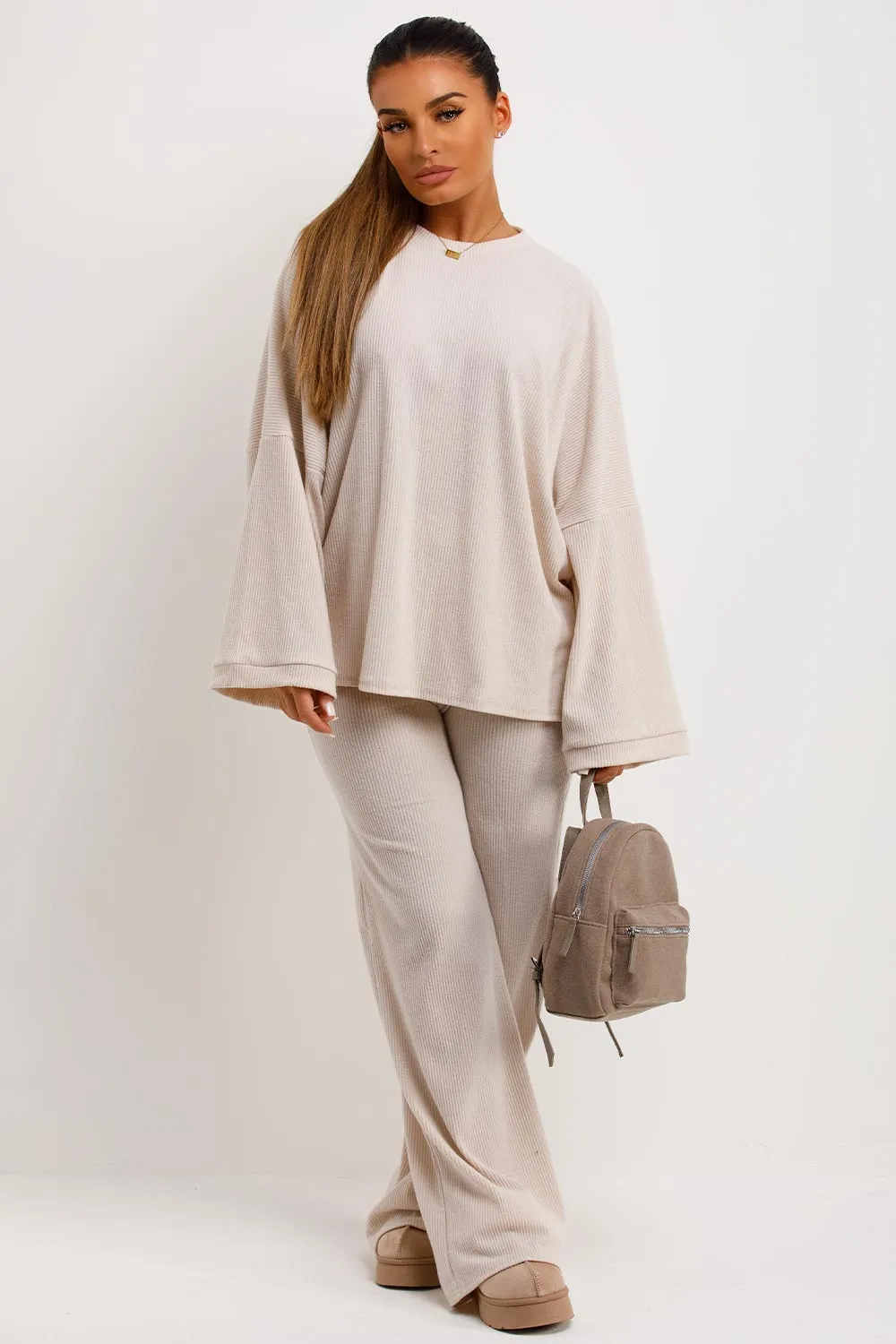 Beige Knitted Ribbed Loungewear Set Oversized