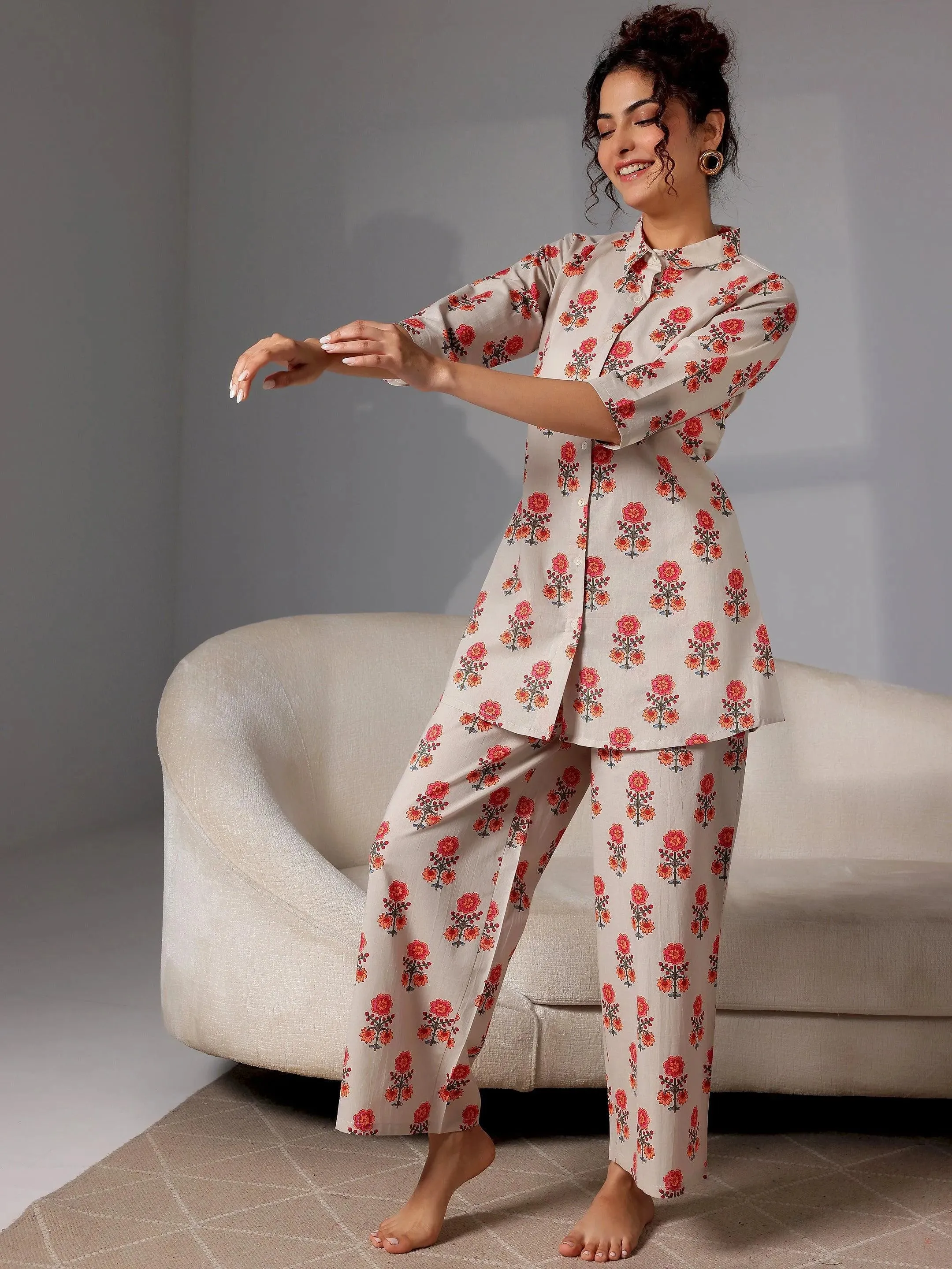 Beige Printed Cotton Night Suits