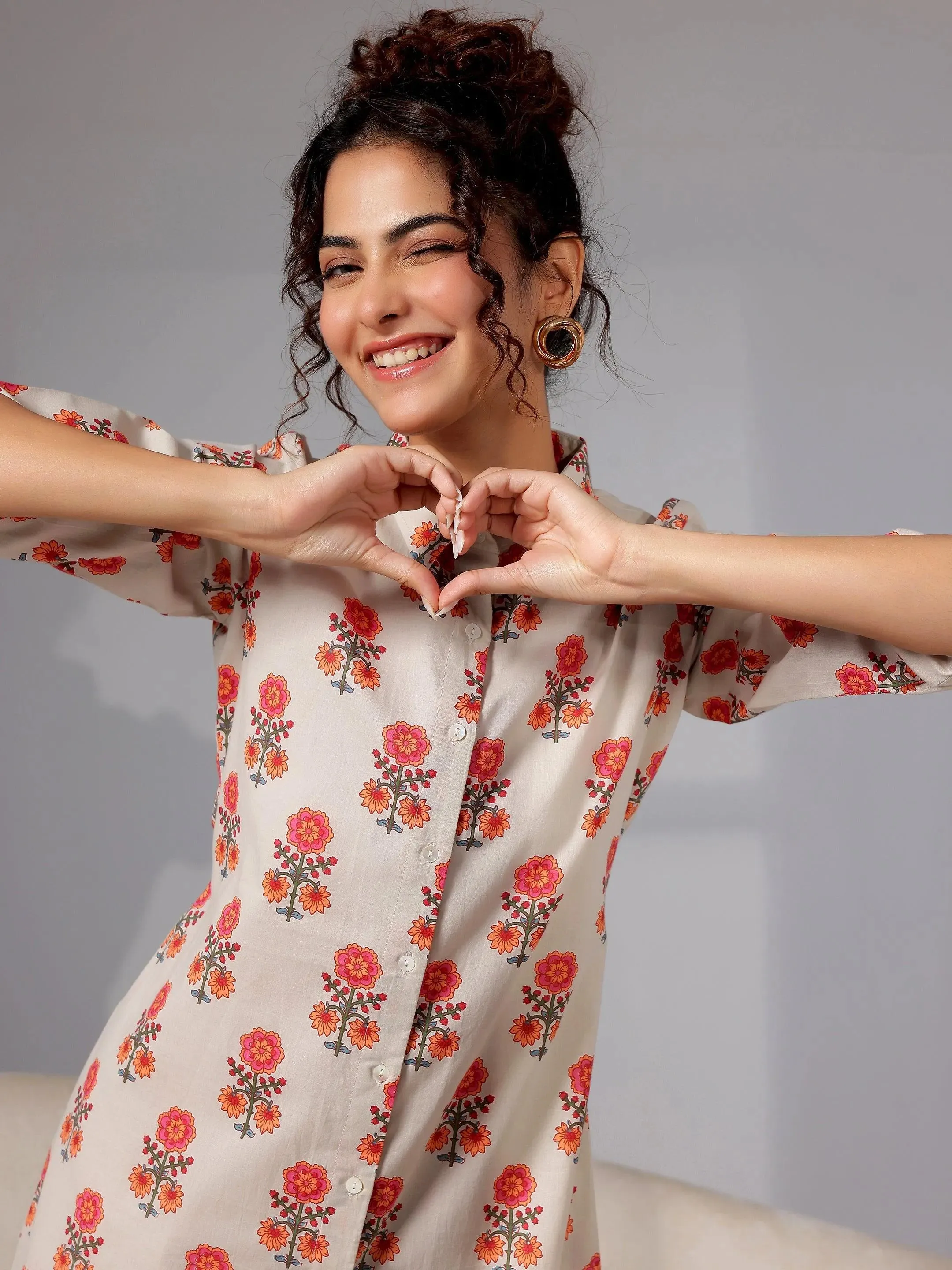 Beige Printed Cotton Night Suits