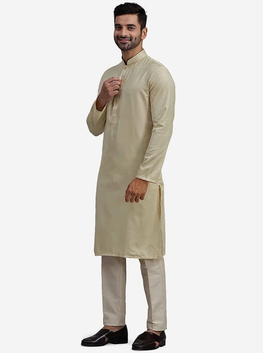 Beige Silk Blend Self Design Kurta for Men