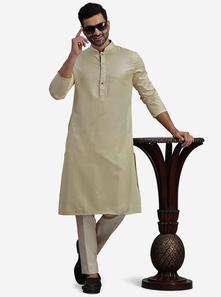Beige Silk Blend Self Design Kurta for Men
