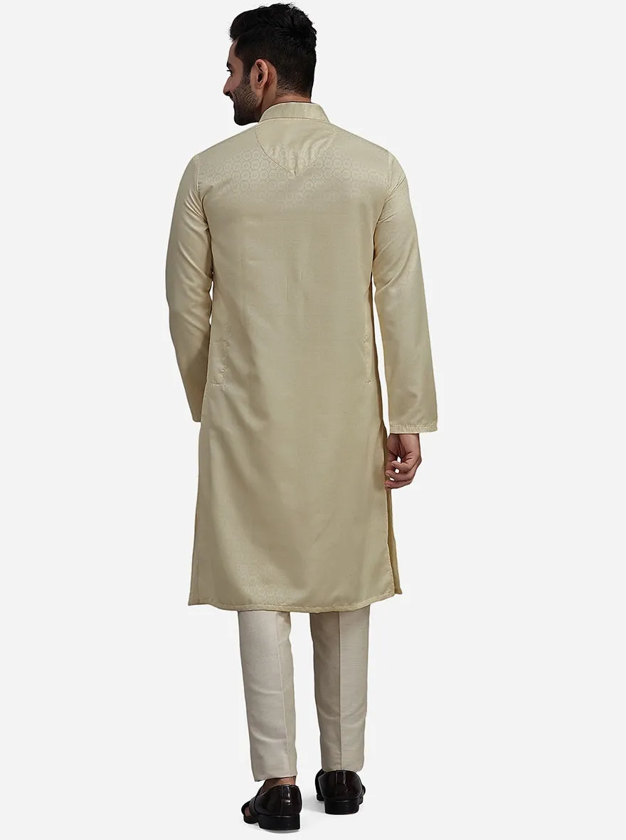 Beige Silk Blend Self Design Kurta for Men