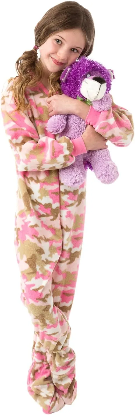 BIG FEET PAJAMA CO. Pink Camo One Piece Girls Youth Kids Footed Onesie Fleece Footie Pajamas