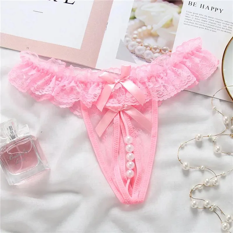 binfenxie Women's Underwear Opening Crotch Pearls Thongs G-String Transparent Sexy Panties Female Lace Low-waist Crotchless Briefs Women
