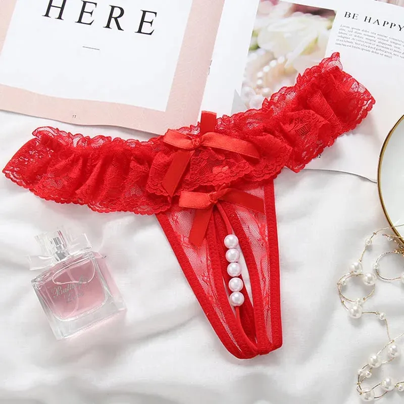 binfenxie Women's Underwear Opening Crotch Pearls Thongs G-String Transparent Sexy Panties Female Lace Low-waist Crotchless Briefs Women