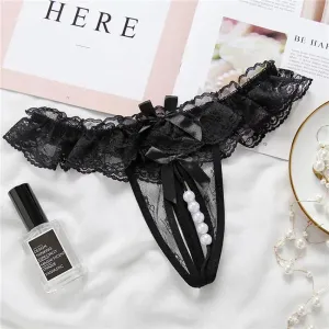 binfenxie Women's Underwear Opening Crotch Pearls Thongs G-String Transparent Sexy Panties Female Lace Low-waist Crotchless Briefs Women