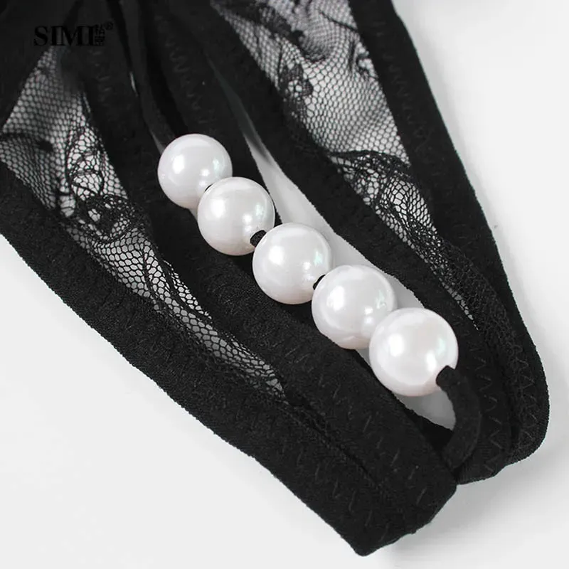 binfenxie Women's Underwear Opening Crotch Pearls Thongs G-String Transparent Sexy Panties Female Lace Low-waist Crotchless Briefs Women