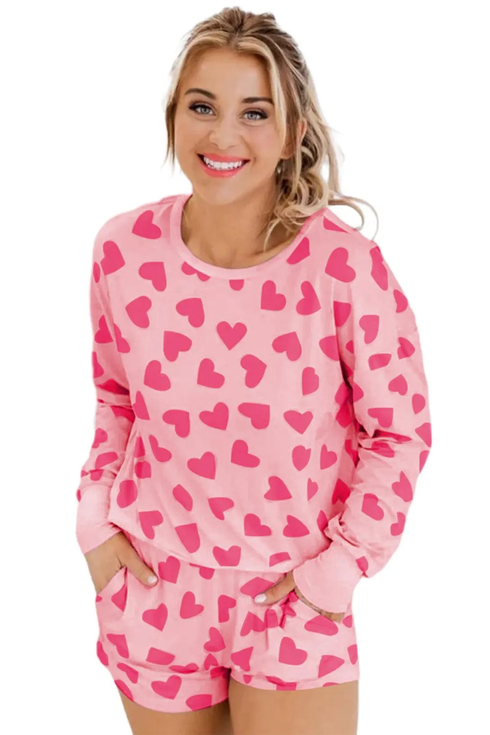 Black Heart Shape Print Long Sleeve Top and Shorts Loungewear Set