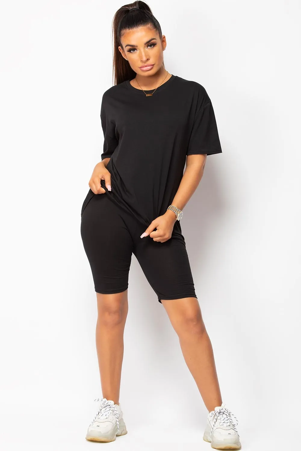 Black Oversized T Shirt And Cycling Shorts Loungewear Set