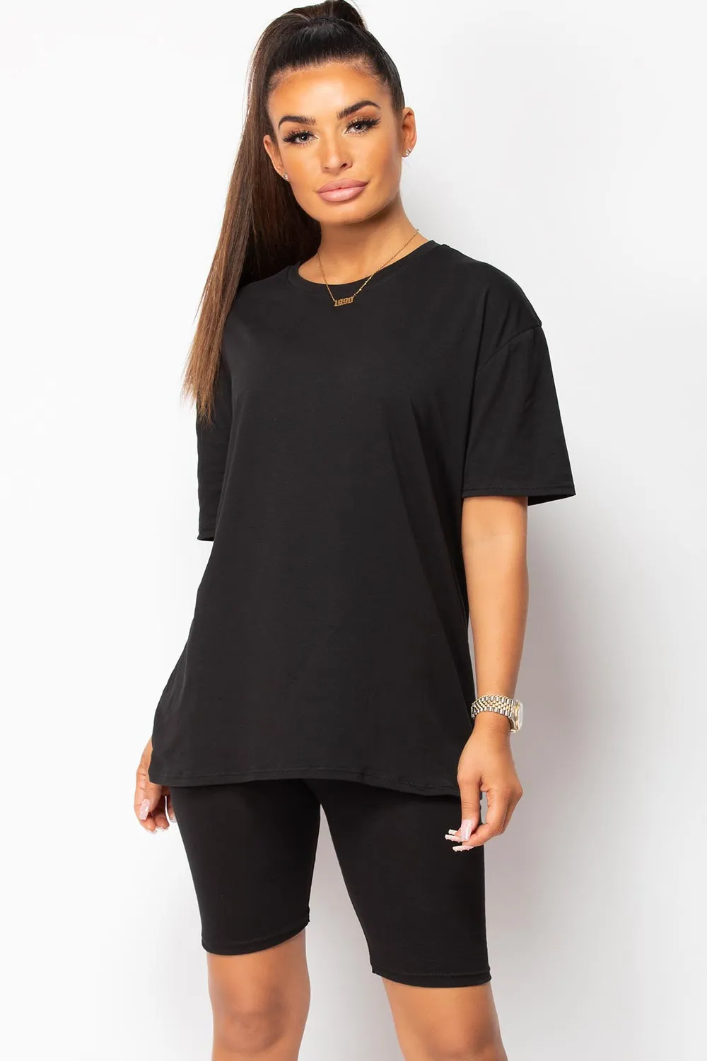 Black Oversized T Shirt And Cycling Shorts Loungewear Set