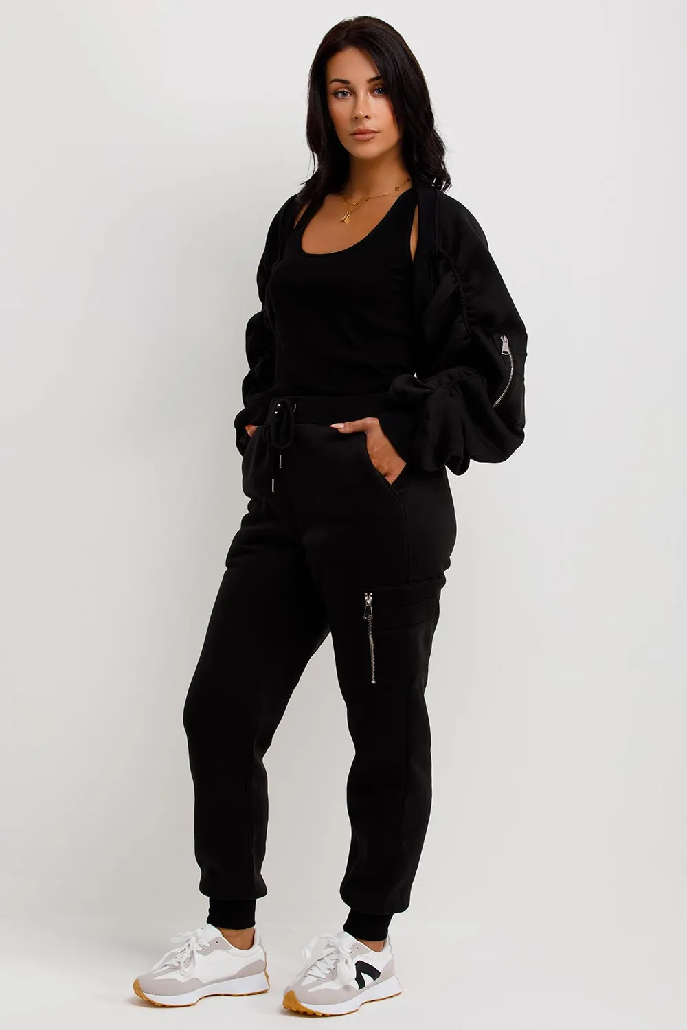 Black Three Piece Loungewear Set With Ruched Sleeves