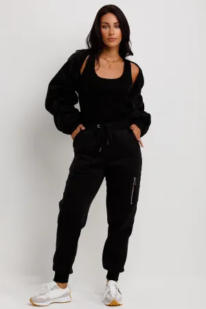 Black Three Piece Loungewear Set With Ruched Sleeves